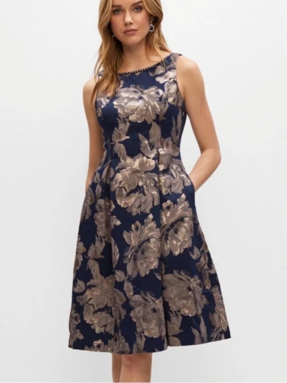Adrianna Papell Navy and Gold Floral Midi Dress                  Originally $179